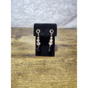 Gold Tone Crystal Dangle Drop Earrings – Clear & Black Accent, Geometric Fashion
